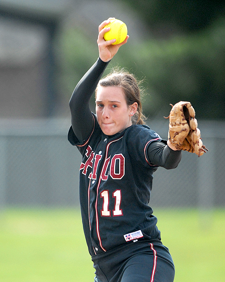 Chico State softball pitcher, with right arm holding ball above head, glove points towards us.