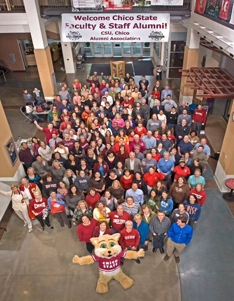 Group photo of Faculty &amp; Staff Alumni in Bell Memorial Union lobby w/Chico State mascot.