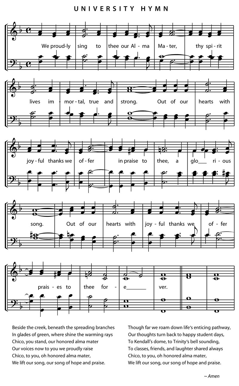 Sheet music for the Chico State University Hymn.