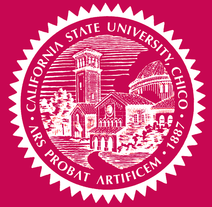 Circular jagged ribbon surrounds "California State University, Chico ARS PROBAT ARTIFICEM 1887"