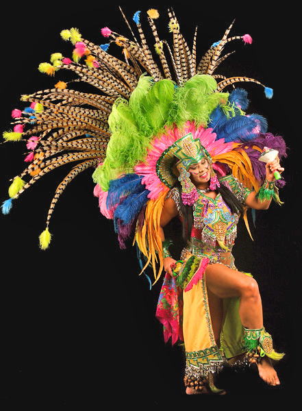 Carnival dancer, presumably from Brazil, poses in full regalia, against a black background.