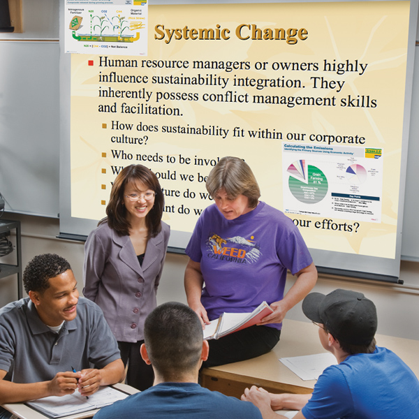 Info-graphics show on screen as two women lead a discussion with three sitting men.