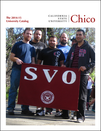 Photo collage featuring 6 male students holding the Student Veterans Organization (SVO) banner.  A man in blue shirt with red hair and beard stands to the left of another bearded man wearing a black Chico State t-shirt. In the middle another bearded man wears a black shirt next to a 4th bearded man wearing a blue shirt. The face of the 5th male student is obscured by the 6th slightly bearded man wearing a Chico State jacket that is opened. 