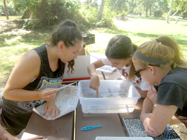 Three women sit outside at a picnic table, one woman on the left side and two on the right. On the table is a plastic tub half-filled with a clear liquid.  One woman on the right, uses her right index finger and points downward into the tub. The other two women lean in over the tub for a closer look.