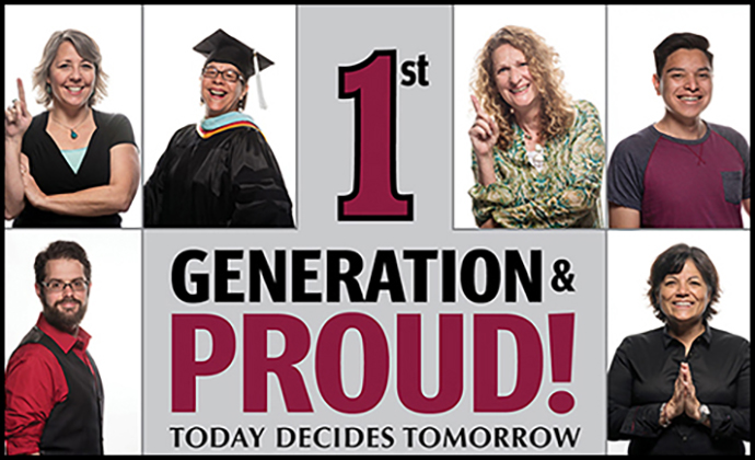 1st Generation & Proud! promotional logo.  Six photographs of individuals posed against a white background are used in conjunction with a stylized 1st Generation & Proud! logo created using school colors (light gray, cardinal, and black).