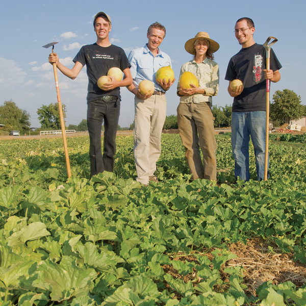 Four people stand in crop field holding mellons; on each end men hold gardening tools.