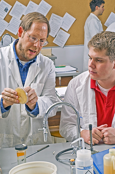 Man in lab coat holds and points to agar dish while another man looks on.