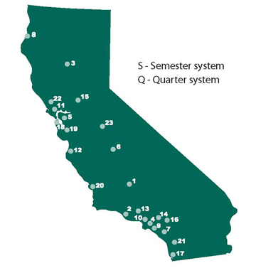 California state map highlighting all 23 California State University campuses.