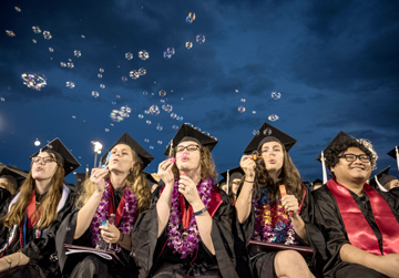 A group of five graduates sit together at a graduation ceremony.  Three of the grads wear leis; hold wands, and blow bubbles into the evening sky.  A darkened, cloudy sky provides the backdrop as the photo points up slightly at the students.