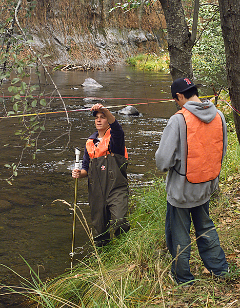 Man in waders holds depth meter stick and fixes a measuring tape. Another man wearing a Red Sox hat and an orange vest looks down.