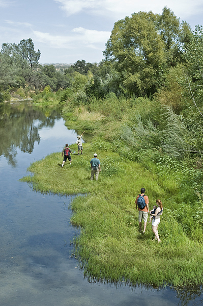 Five people walk along a grassy shore to some water source. A woman towards the back of the group carries a baby in a carrier strapped to her torso.